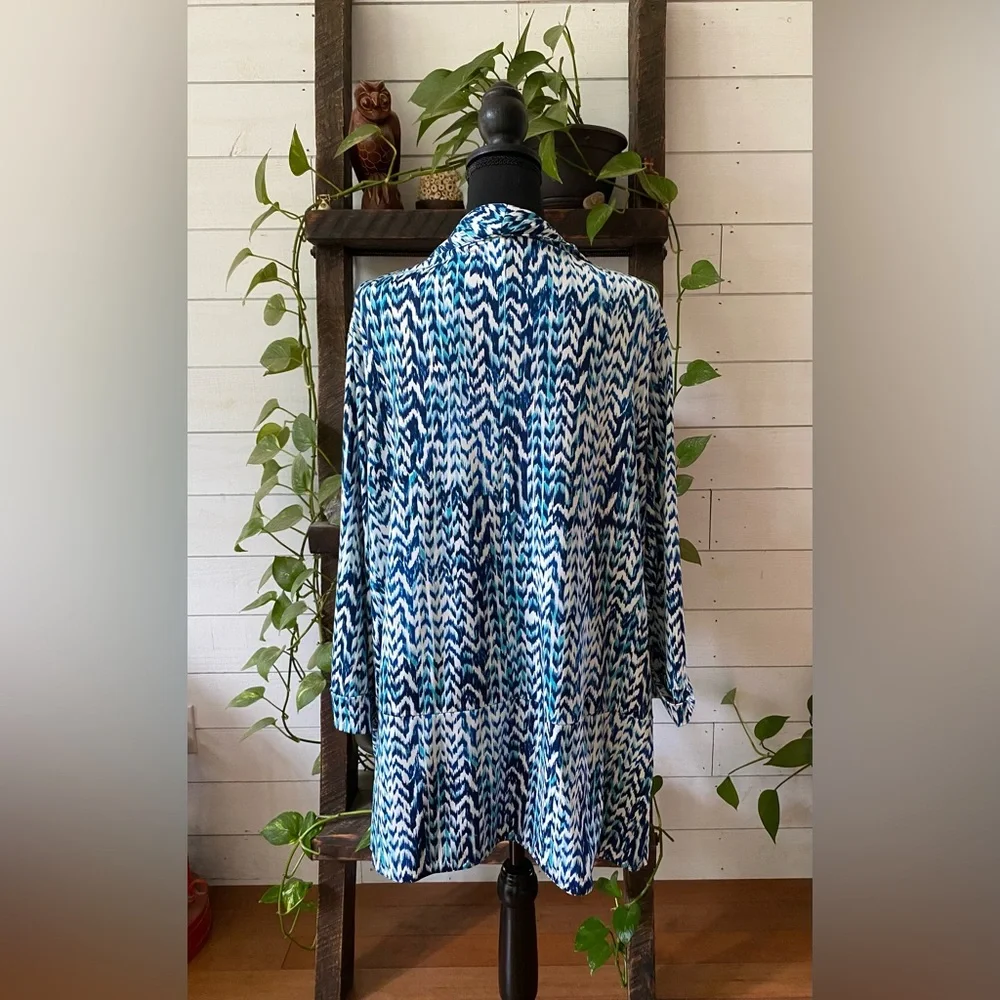Robert Louis: Blue and White Coastal Grandma Cardigan with Flowing Silhouette